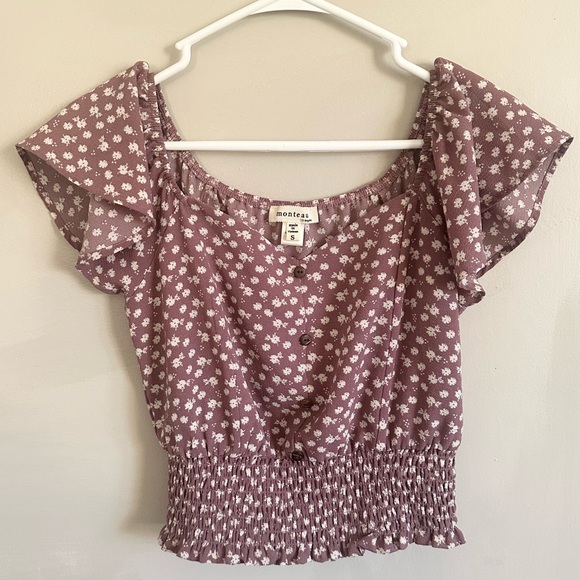 Flutter sleeve sweetheart ditsy floral smocked waist crop top blouse w/ buttons - Picture 11 of 11